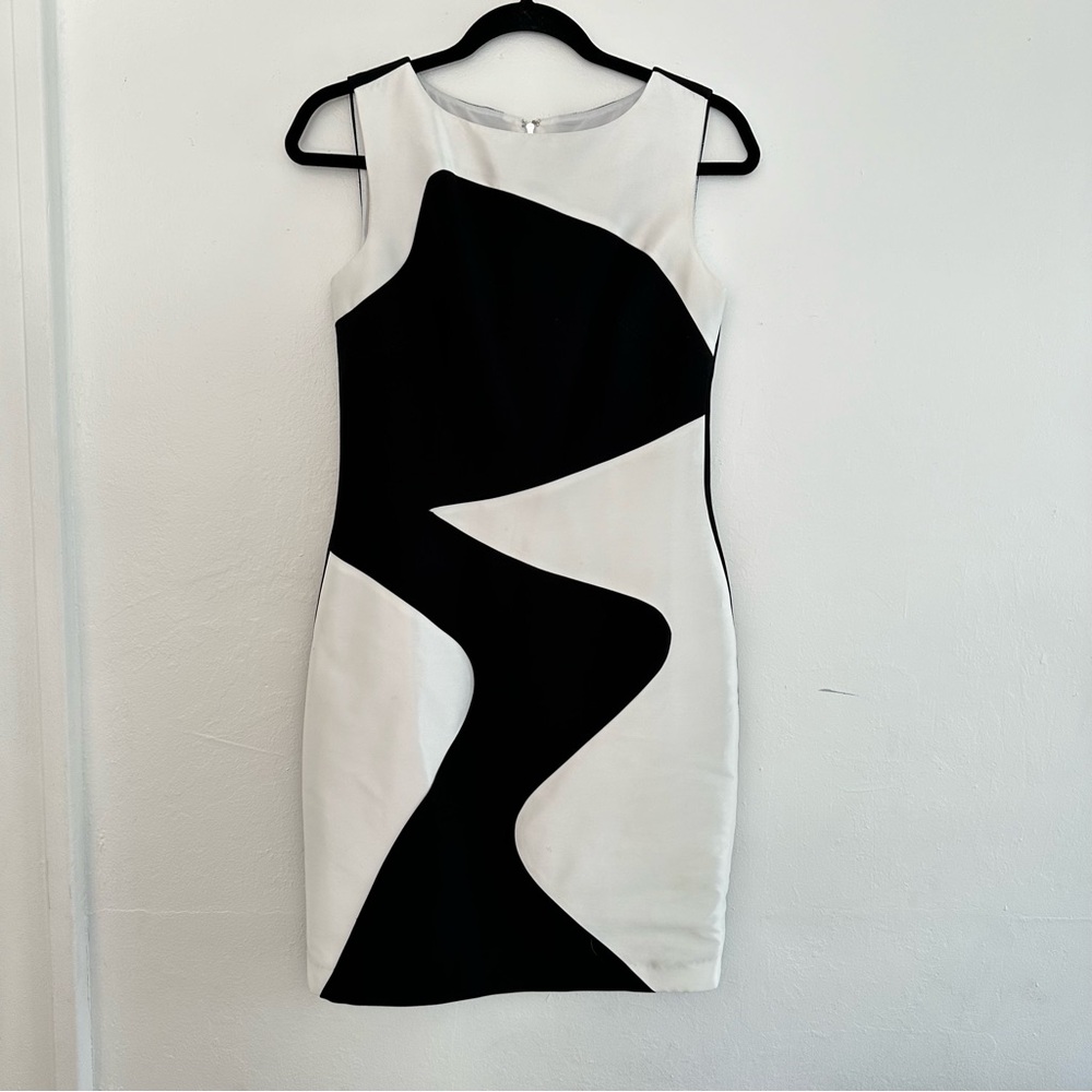 Theia sheath dress sleeveless neutral semi formal color block feminine career